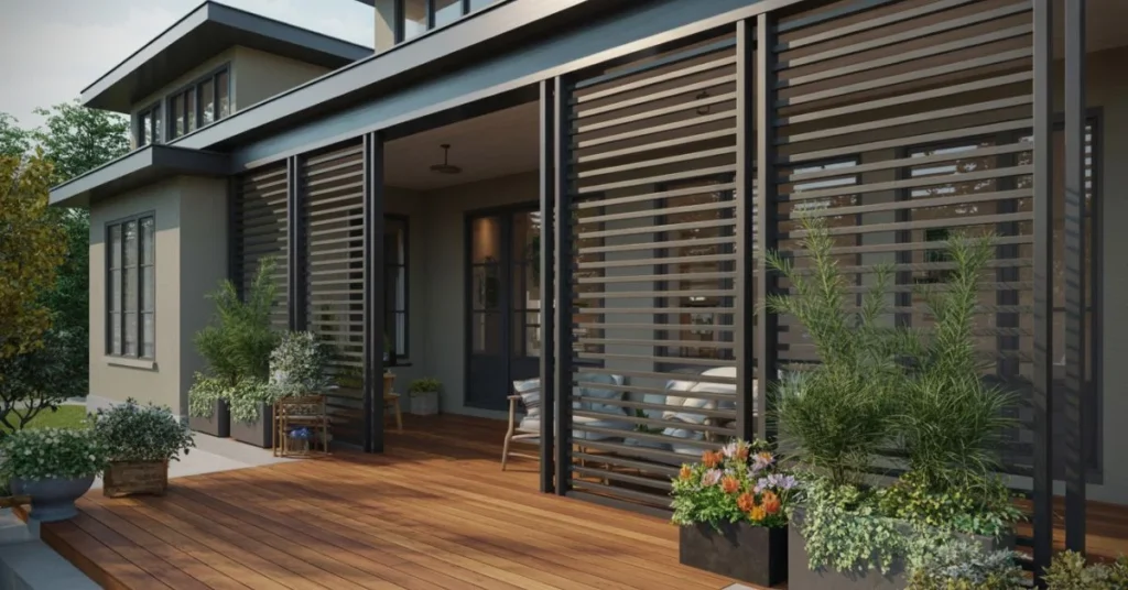Stylish front porch railing with black horizontal metal railings and greenery enhancing curb appeal.