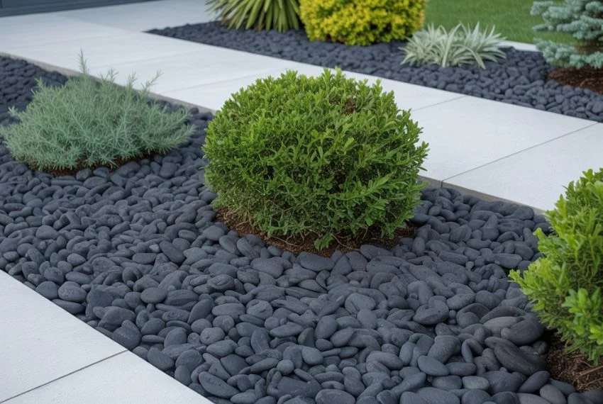 Using Black River Rocks Around Garden Beds