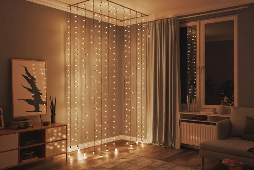 Vertical Christmas string lights hanging from ceiling to floor