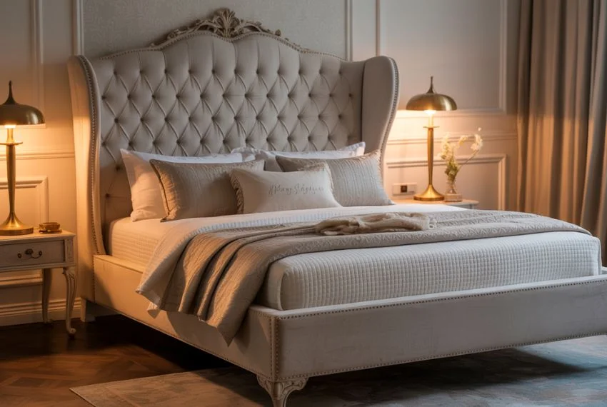 Victorian-style wingback bed with deep tufting