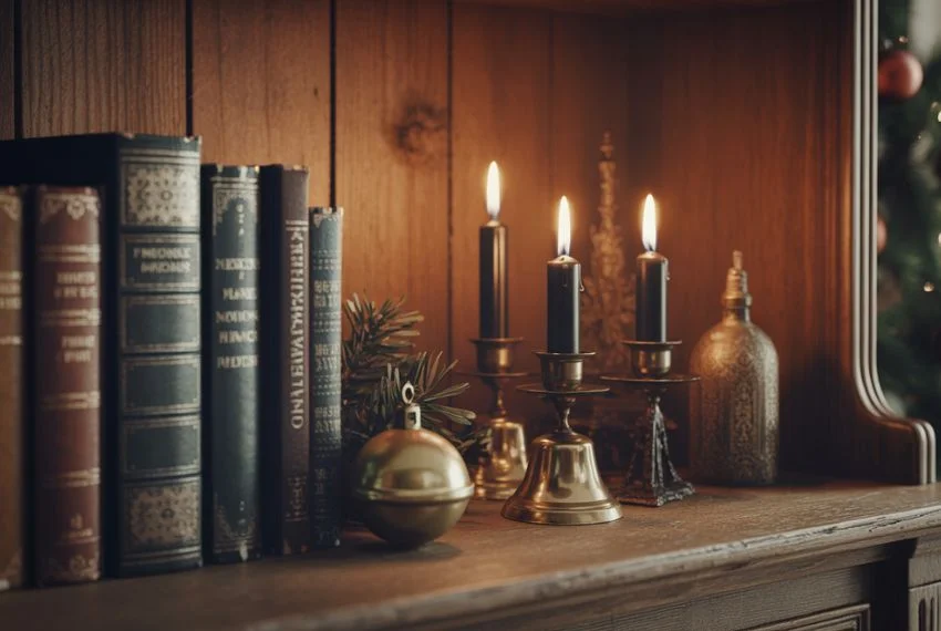 Vignette on wooden shelf with antique books