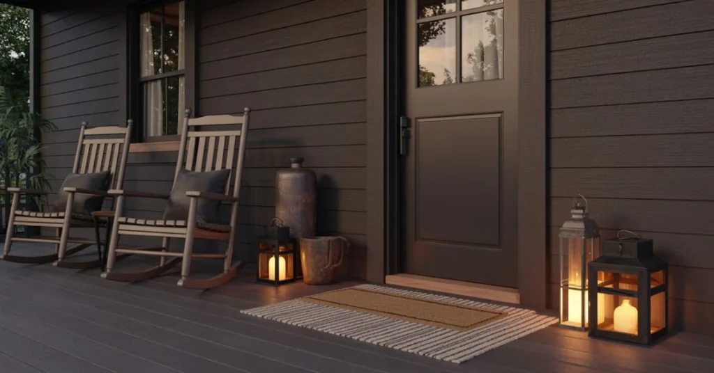 Wide dark rustic farmhouse front porch