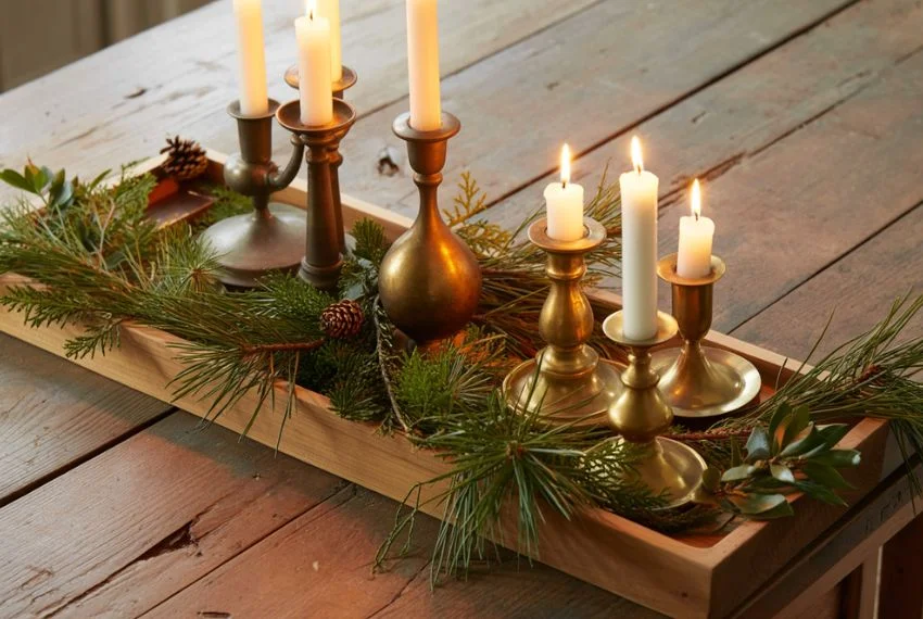 Wooden tray with candles