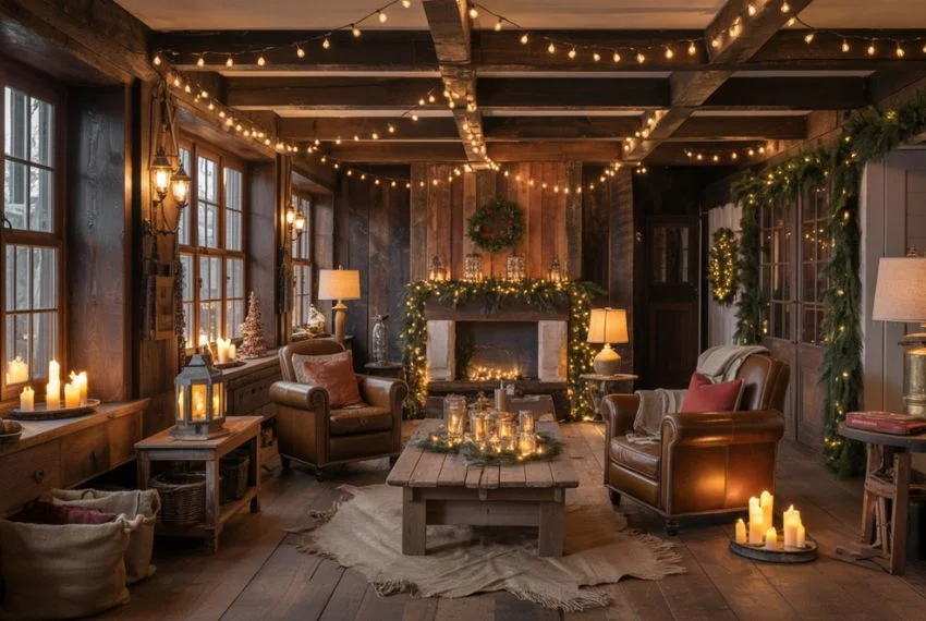 farmhouse interior with soft, warm lighting for Christmas