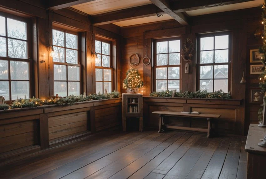 farmhouse windows decorated for Christmas