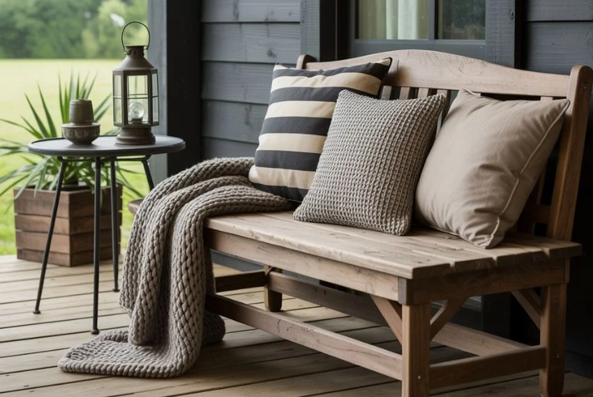 distressed wooden bench with chunky knit throw