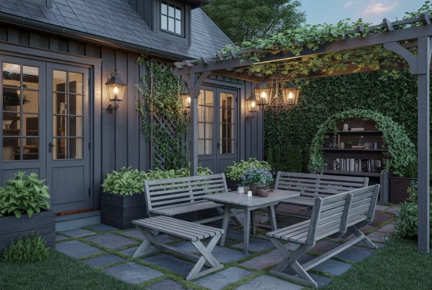 farmhouse backyard garden patio, stone pathways, wooden benches