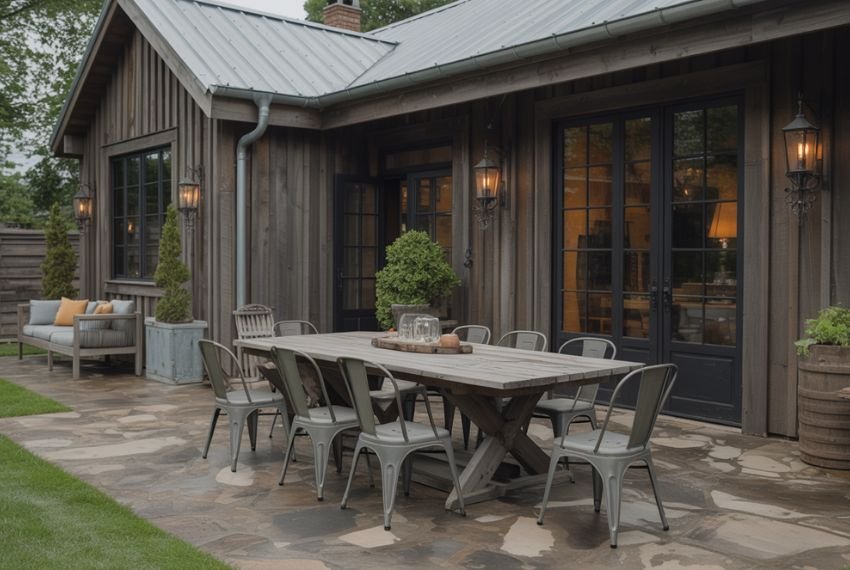 farmhouse backyard patio with reclaimed wood furniture