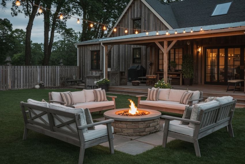 farmhouse backyard patio with stone firepit
