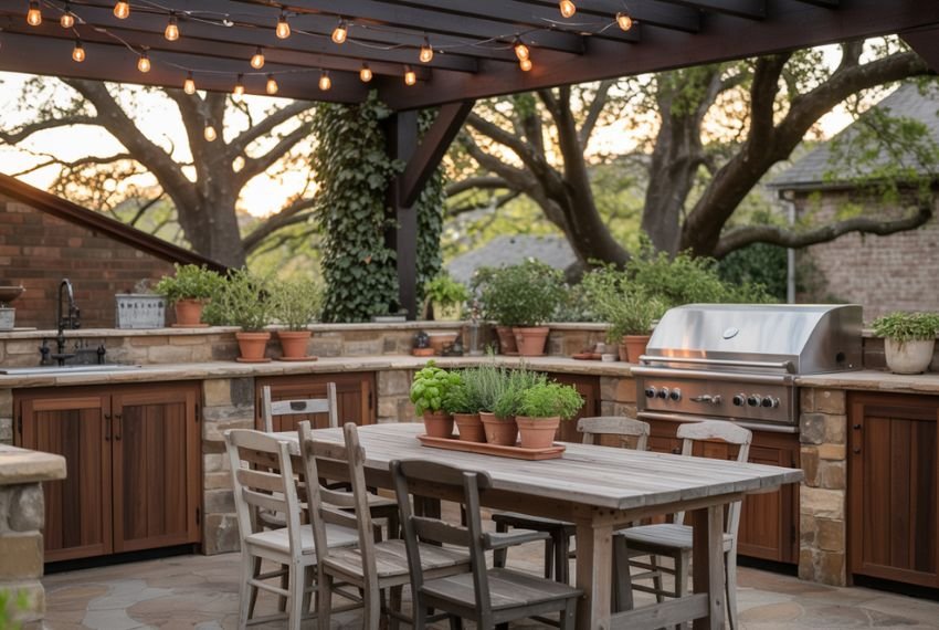 farmhouse backyard patio with stone outdoor kitchen