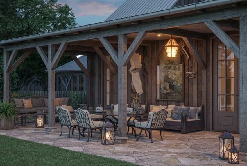 farmhouse backyard patio with thick timber beams