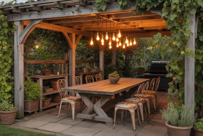 farmhouse backyard patio with timber pergola