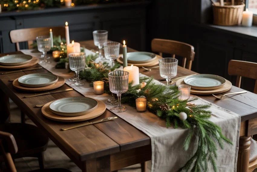farmhouse dining table decorated for Christmas