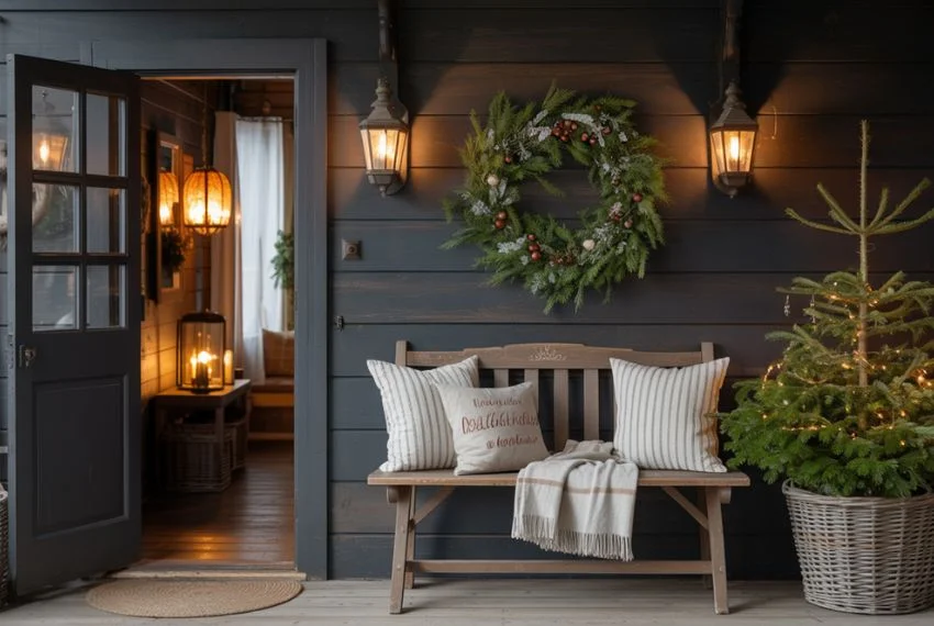 farmhouse entryway decorated for Christmas