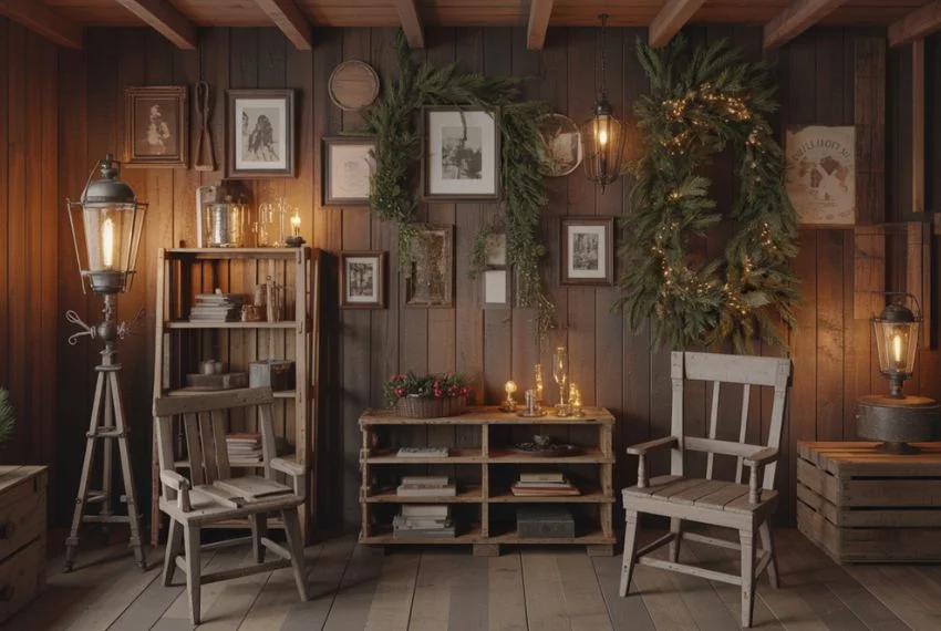 farmhouse interior with vintage Christmas accents