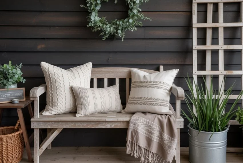 farmhouse porch decor, neutral tone pillows and throw