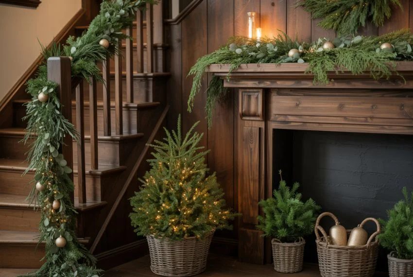 farmhouse staircase and mantel decorated for Christmas