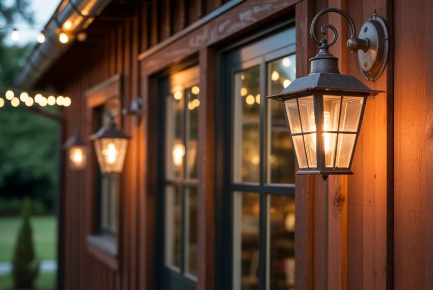 farmhouse wall lanterns glowing warmly