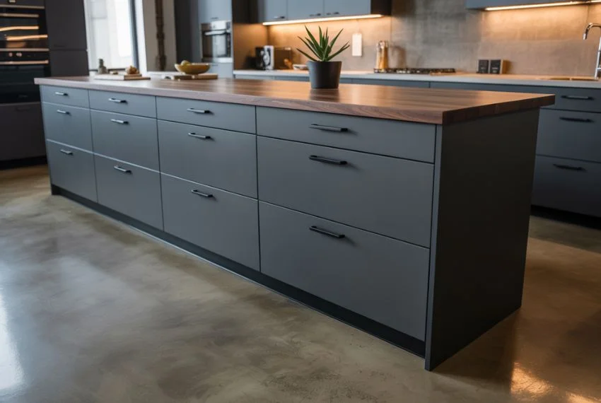 Industrial style kitchen with grey and black tones 