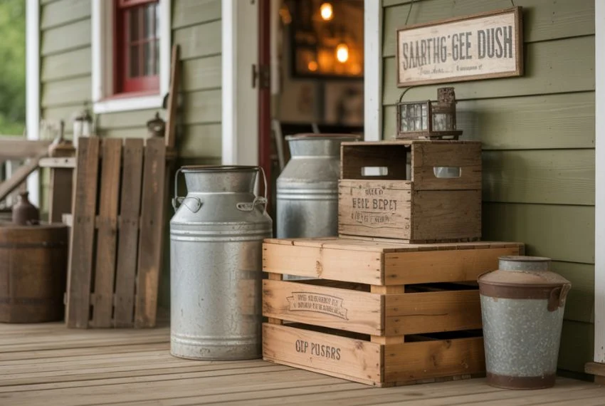 old milk can, galvanized bucket, stacked wooden crates