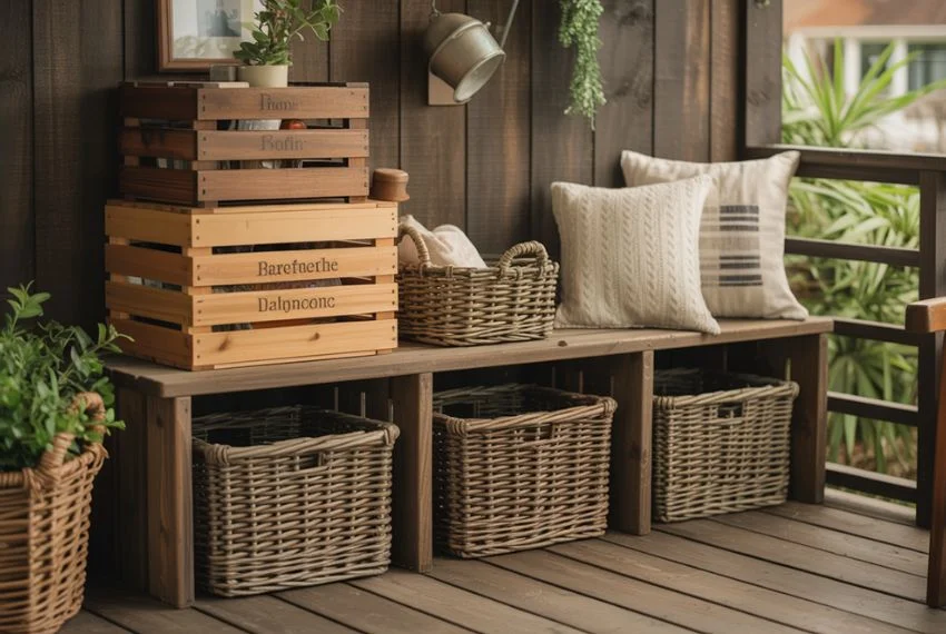 stacked wooden crates, woven baskets under bench