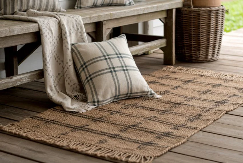 woven jute rug with patterned cotton runner