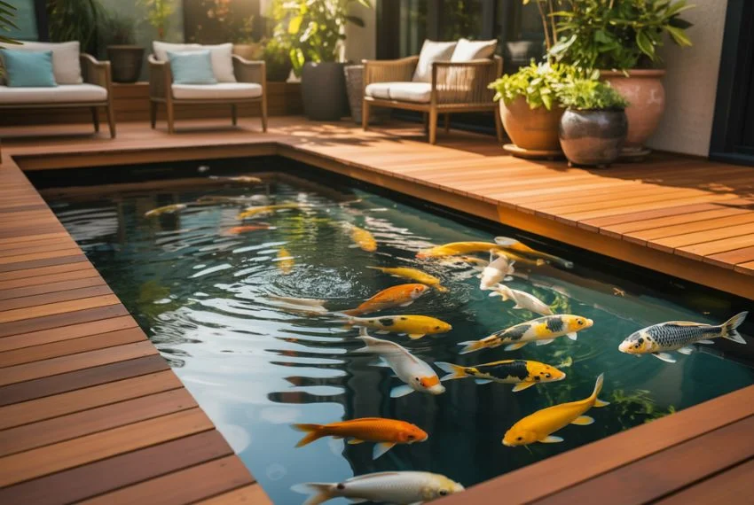Backyard Fish Pond with Wooden Decks