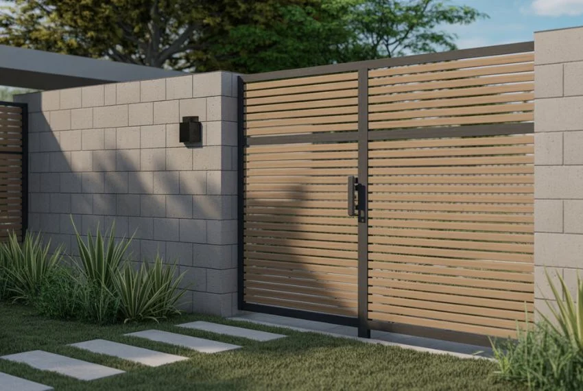 Cinder Block Fence with Wooden Inserts
