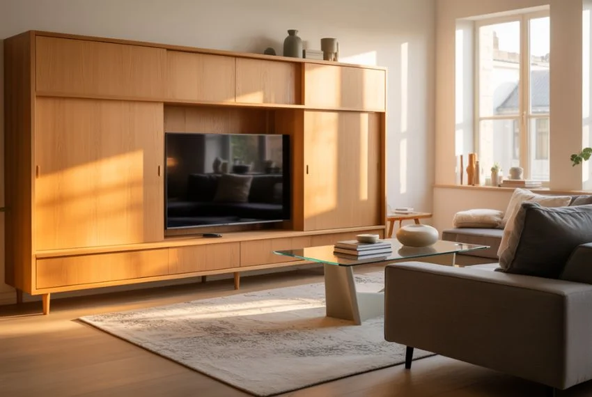 Conceal Your TV With Curtains or Sliding Panels