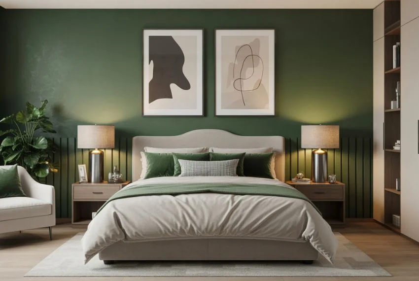 Emerald Green Accent Walls with Artistic Details