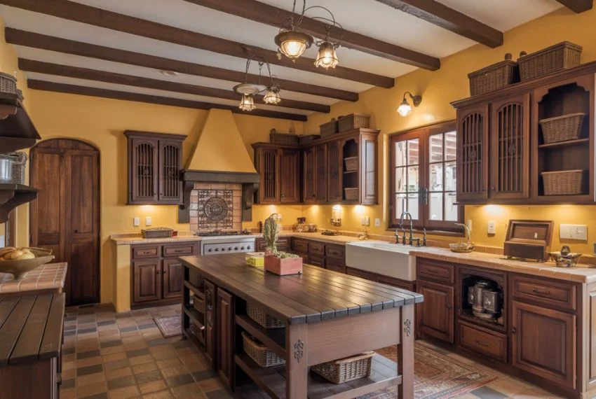 Rustic Wood Cabinets and Exposed Beams