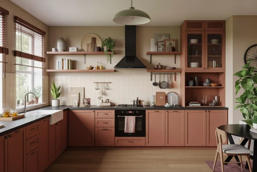 Cherry Wood Cabinets with Open Shelving