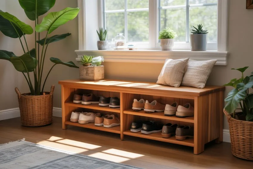 Classic Wooden Benches With Open Shoe Shelves