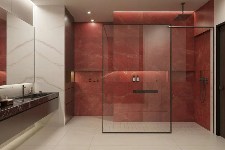 How Red Marble Instantly Elevates Modern Bathrooms