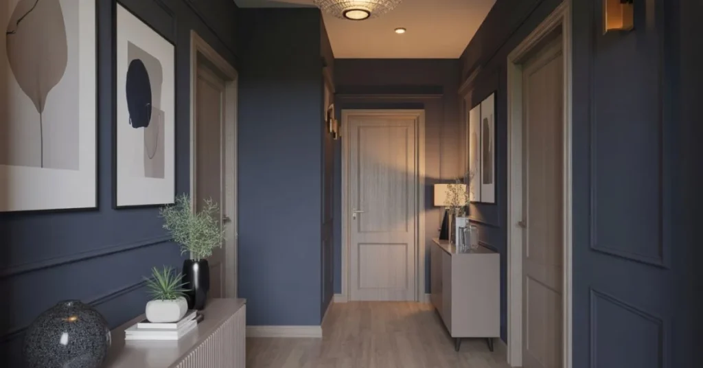 Modern Dark Blue Hallway Inspirations with Subtle Neutrals