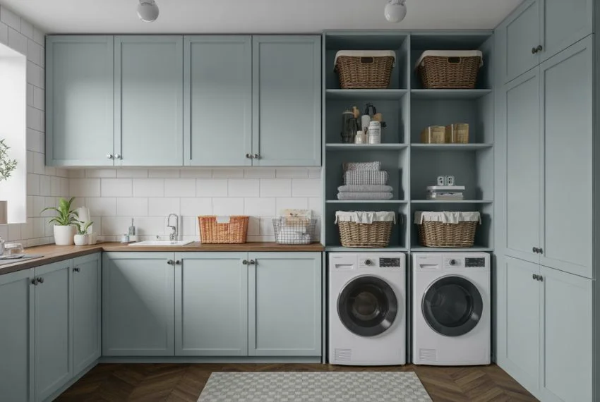 Stylish Storage Ideas in a Dusty Blue Laundry Room