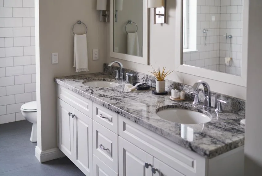 White Vanities with Bold Countertops