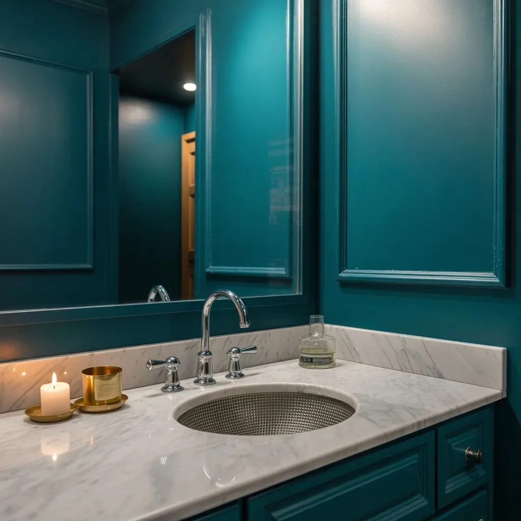 Deep Teal Walls + Marble Countertops Modern Glamour