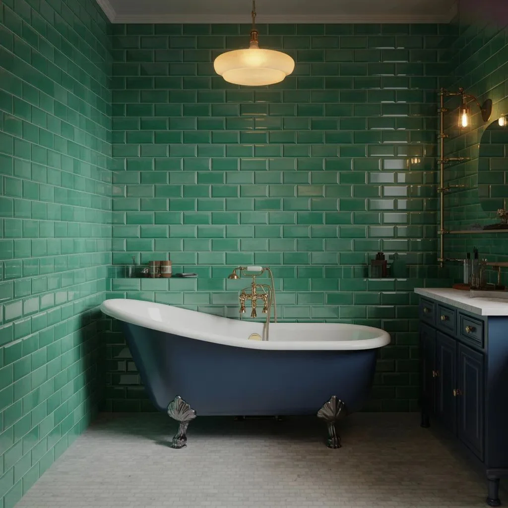 Emerald Green Tiles + Navy Clawfoot Tub Drama Done Right