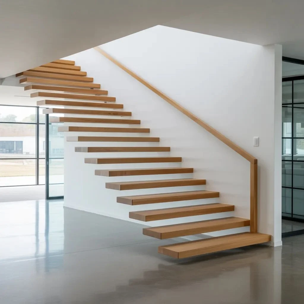 Open Riser Stairs with Floating Wood Railings