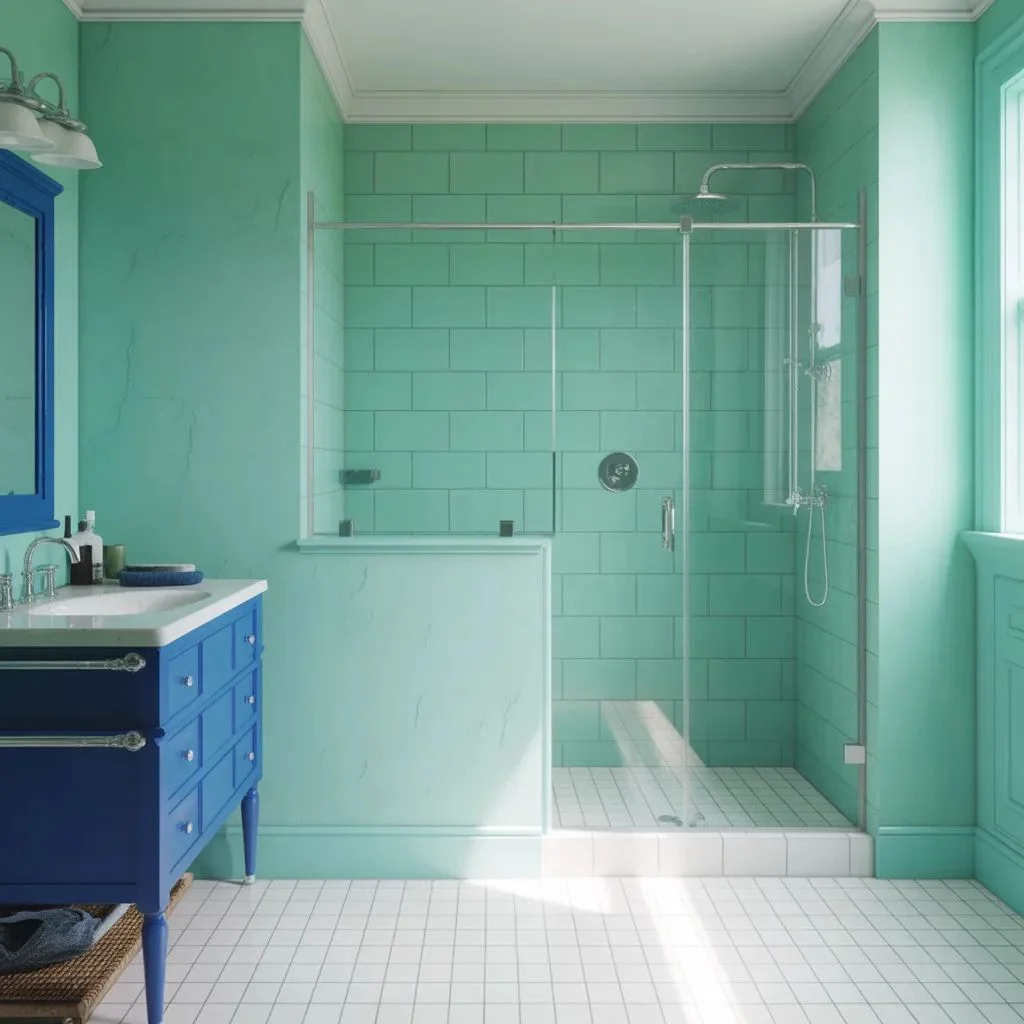 Seafoam Green Walls + Cobalt Blue Vanity Spa Energy on a Budget