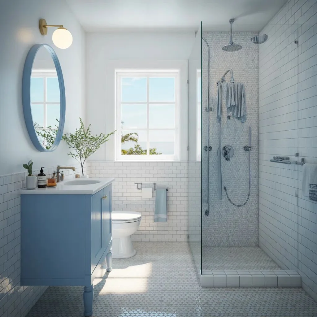 Small Blue & White Coastal Bathrooms Big Impact, Tight Space