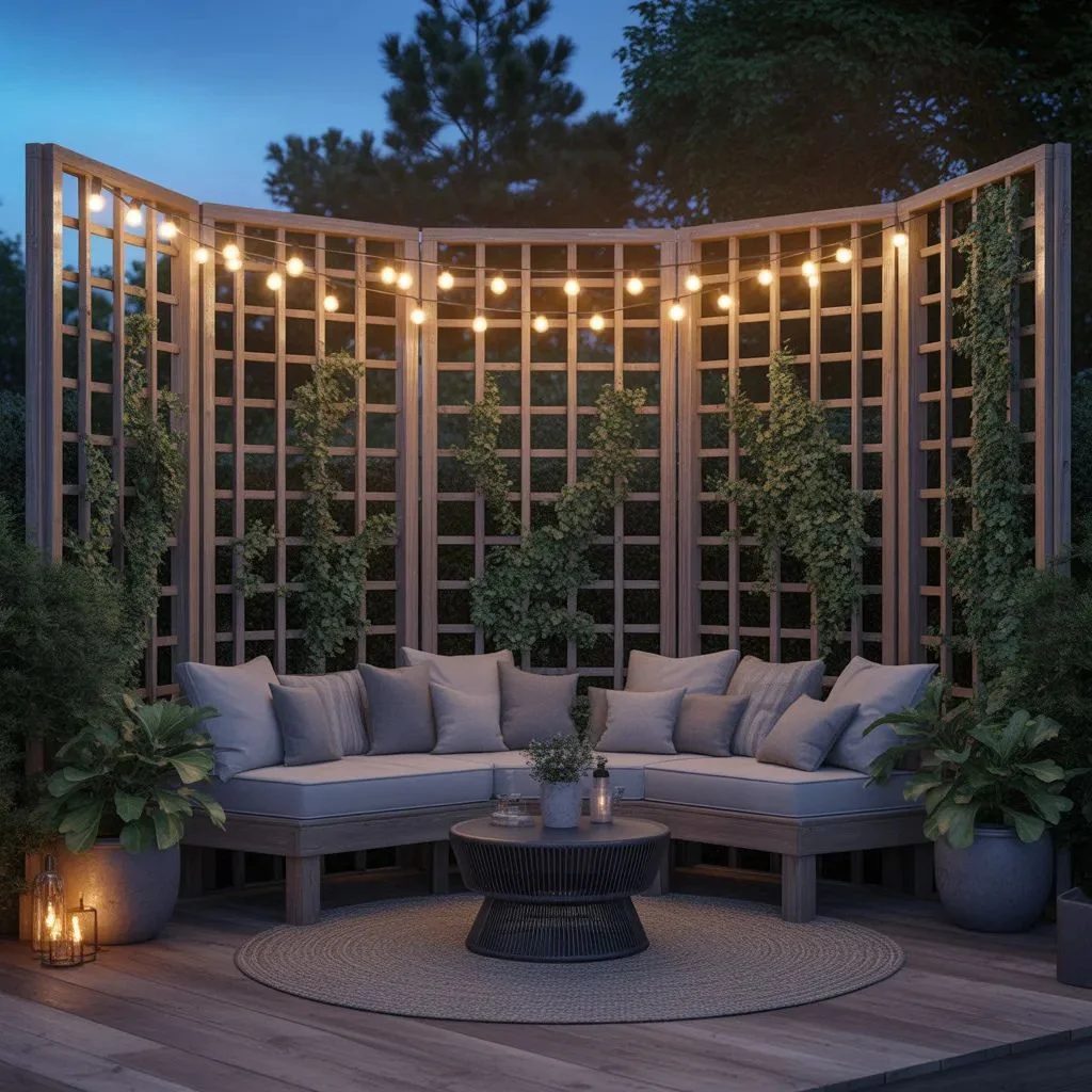 Trellis Seating Nook With Climbing Vines and String Lights