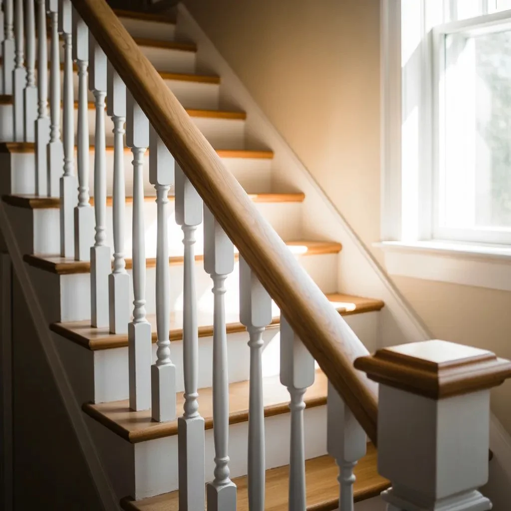 White-Painted Balusters with Natural Wood Handrails