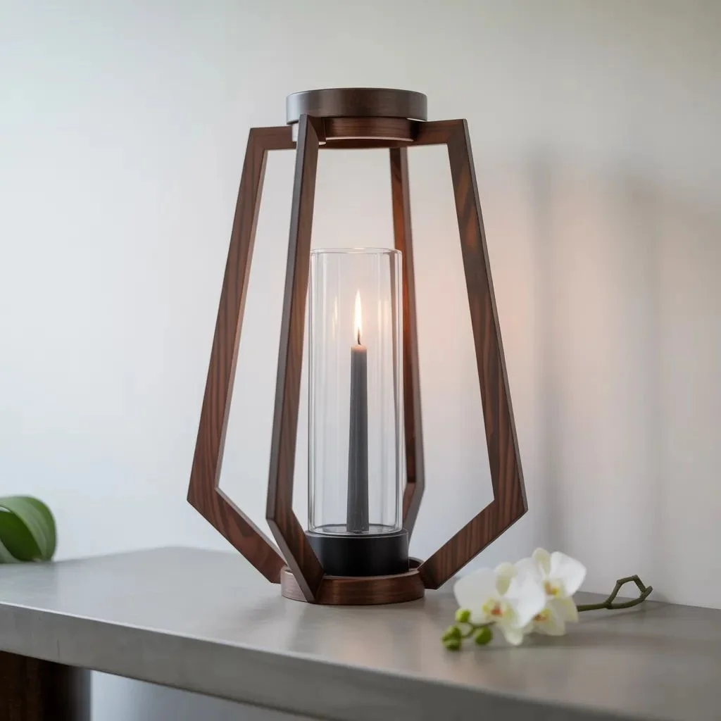 Modern Walnut-Stained Geometric Lantern