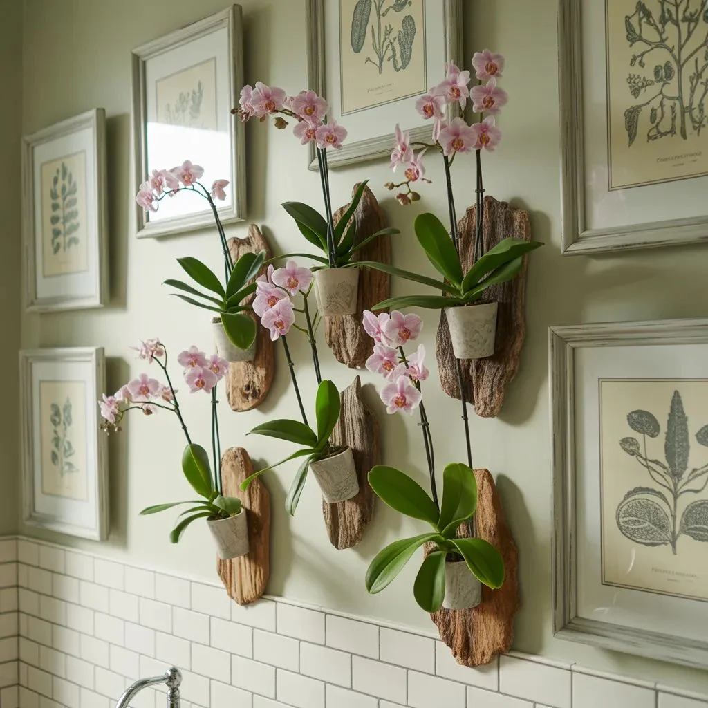 Orchid Display Wall with Botanical Prints