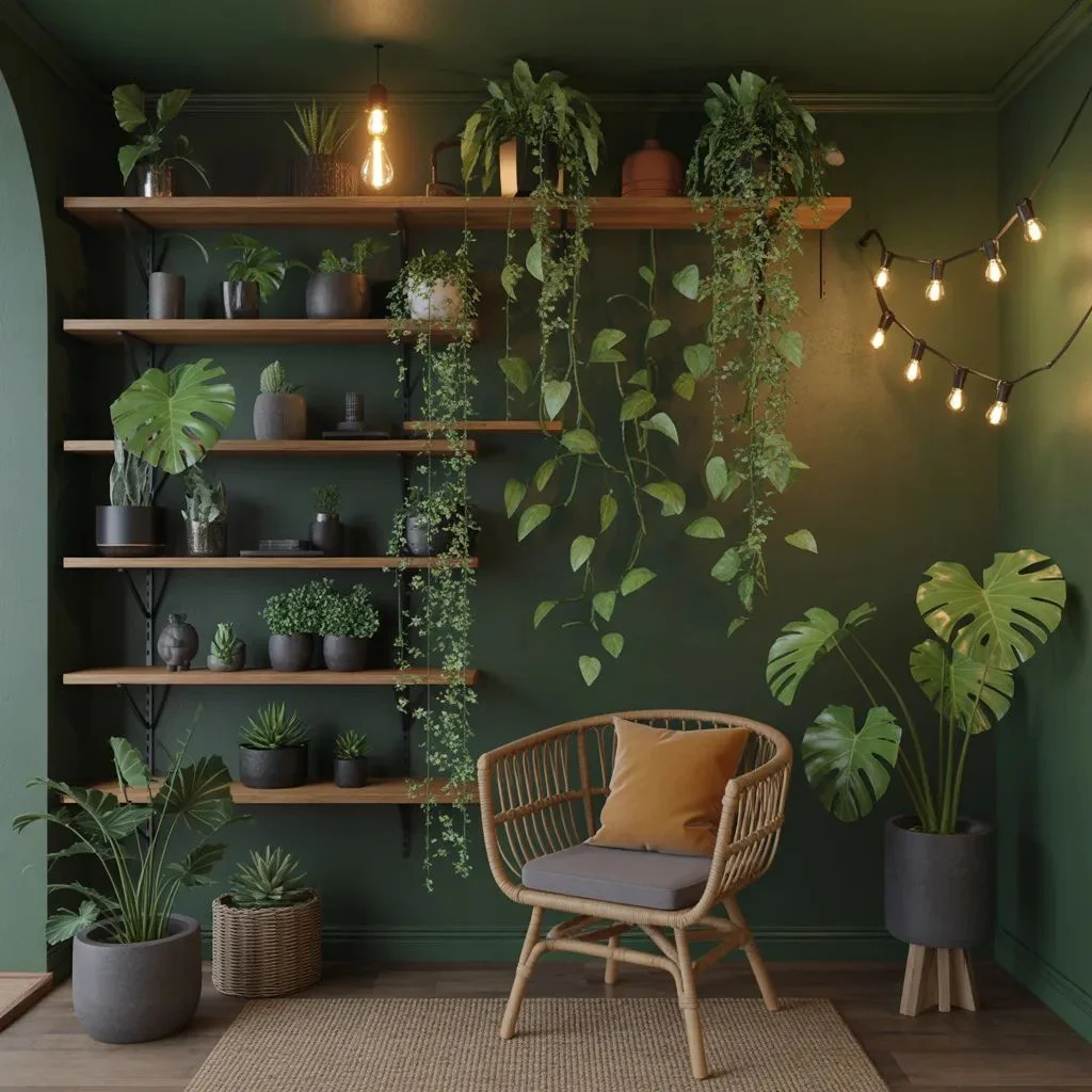 She Shed Interior Idea #7 The Dark-Walled Botanical Hideaway