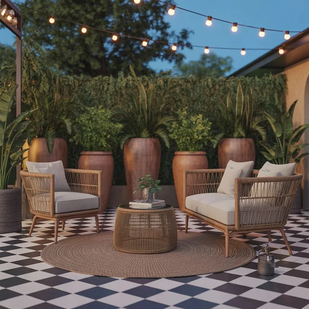Styling Around a Checkered Tile Patio to Make It Look Intentional