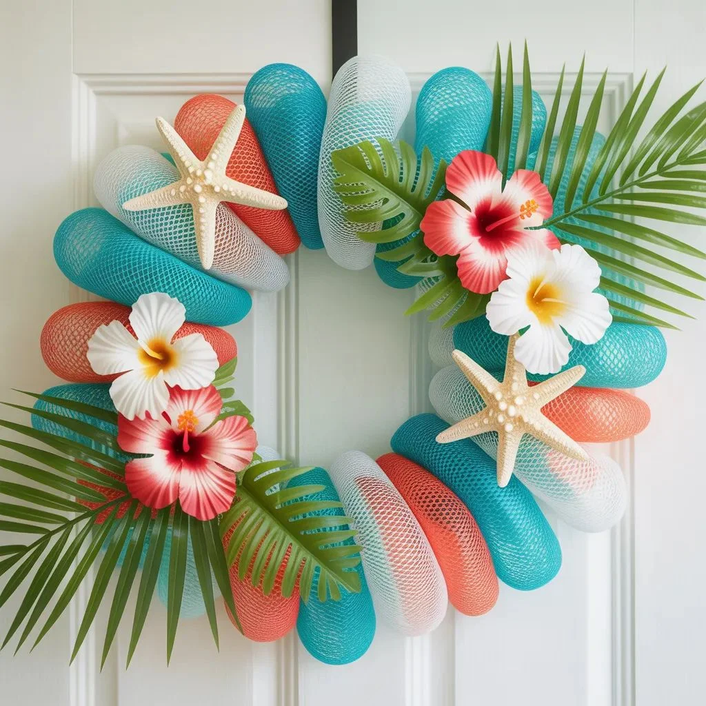 Tropical and Beach-Inspired Deco Mesh Wreaths