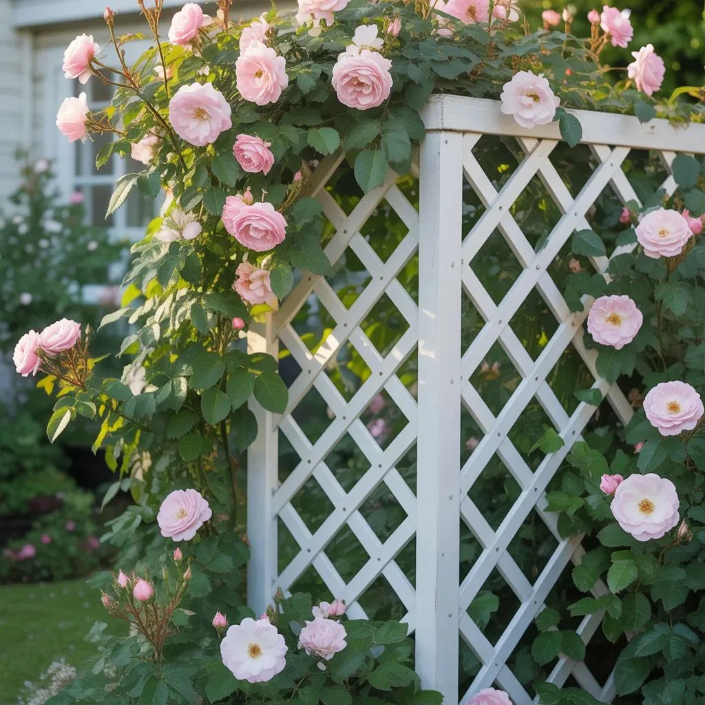 White Lattice with Climbing Roses
